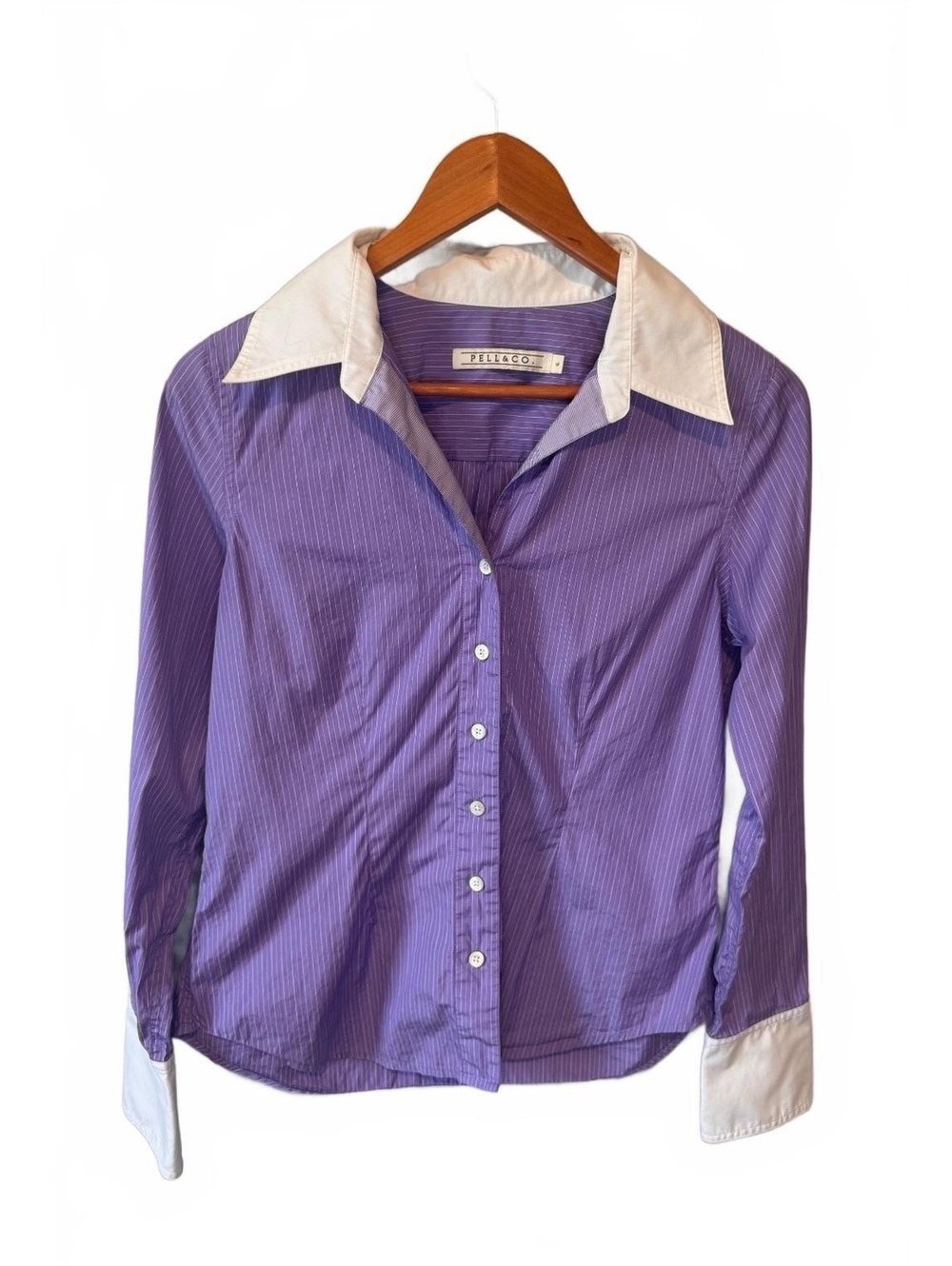 PELL & CO. | Purple Pinstripe Contrast Collar Button Down Shirt Cotton Sz 6 Y2K